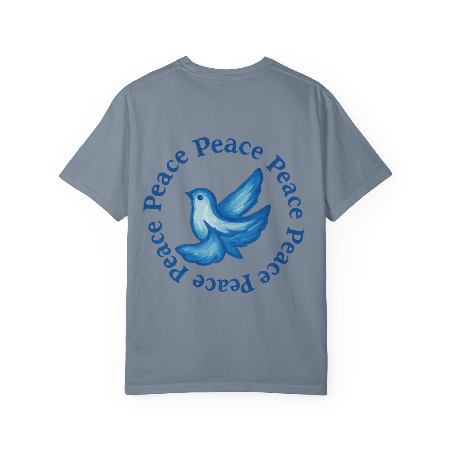 Peace Dove T‑Shirt — ‘CYNX’ Front Logo, Blue Dove Back with Repeating “Peace” Circle