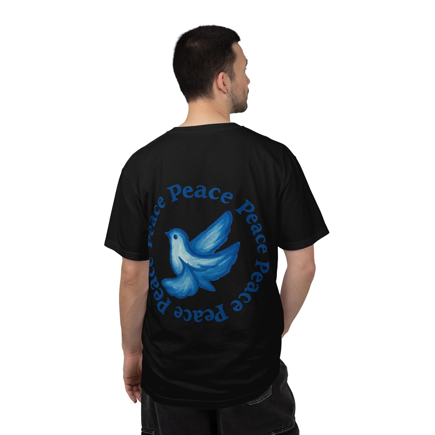Peace Dove T‑Shirt — ‘CYNX’ Front Logo, Blue Dove Back with Repeating “Peace” Circle