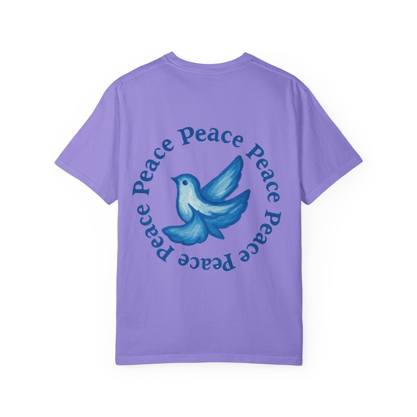 Peace Dove T‑Shirt — ‘CYNX’ Front Logo, Blue Dove Back with Repeating “Peace” Circle