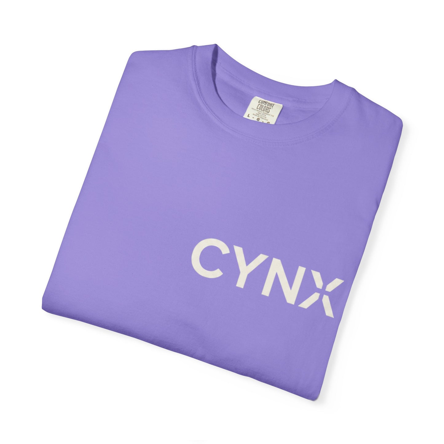 Peace Dove T‑Shirt — ‘CYNX’ Front Logo, Blue Dove Back with Repeating “Peace” Circle