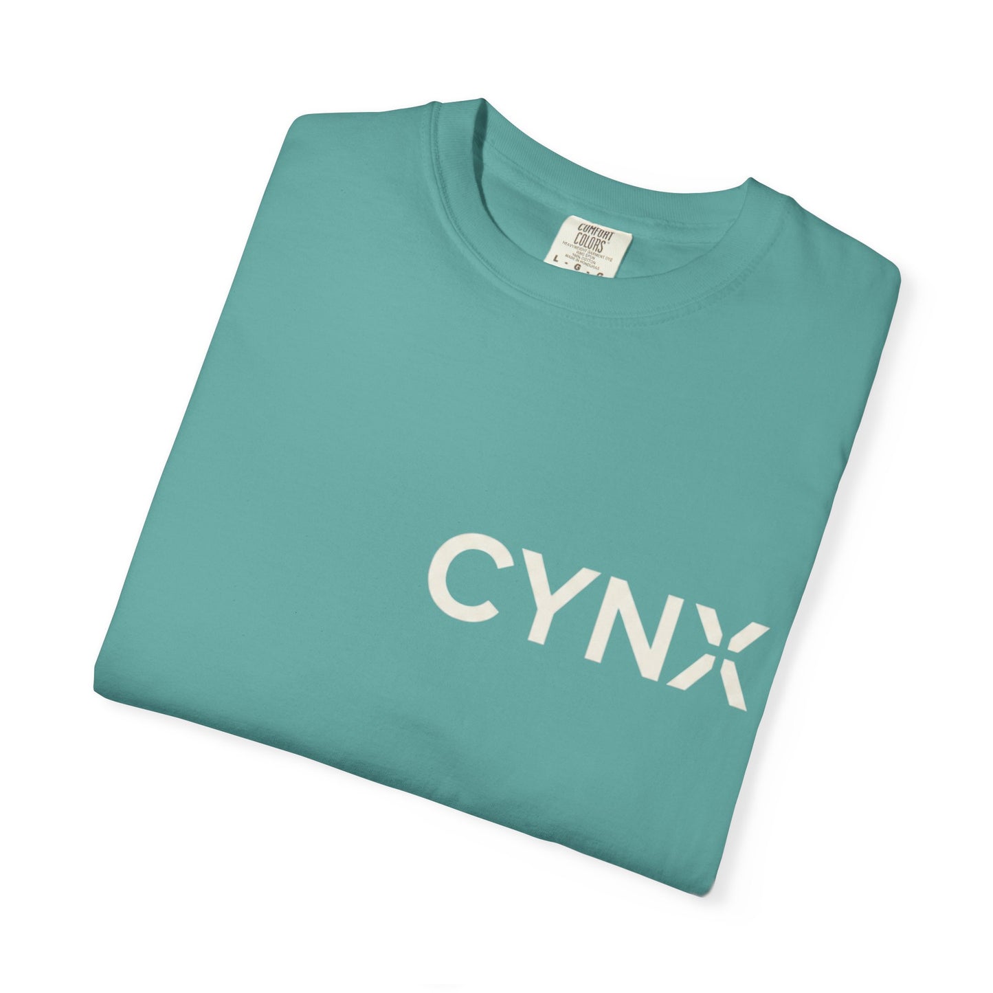 Peace Dove T‑Shirt — ‘CYNX’ Front Logo, Blue Dove Back with Repeating “Peace” Circle