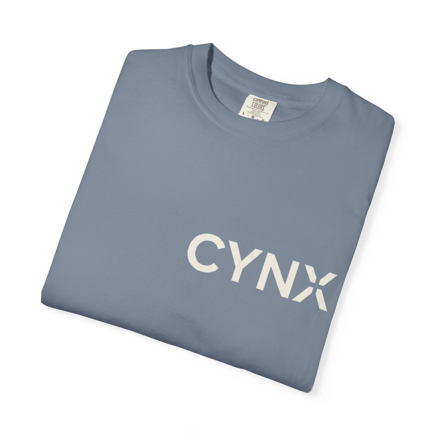 Peace Dove T‑Shirt — ‘CYNX’ Front Logo, Blue Dove Back with Repeating “Peace” Circle