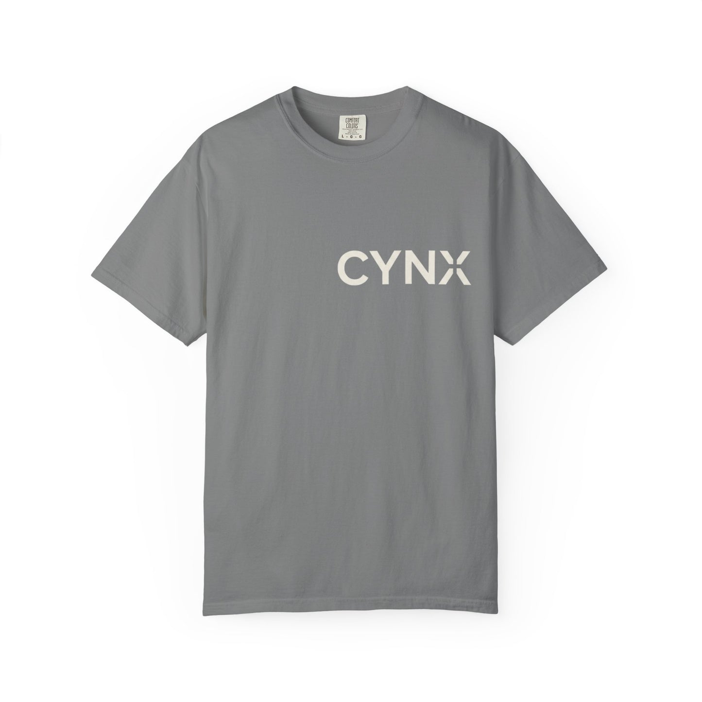 Peace Dove T‑Shirt — ‘CYNX’ Front Logo, Blue Dove Back with Repeating “Peace” Circle