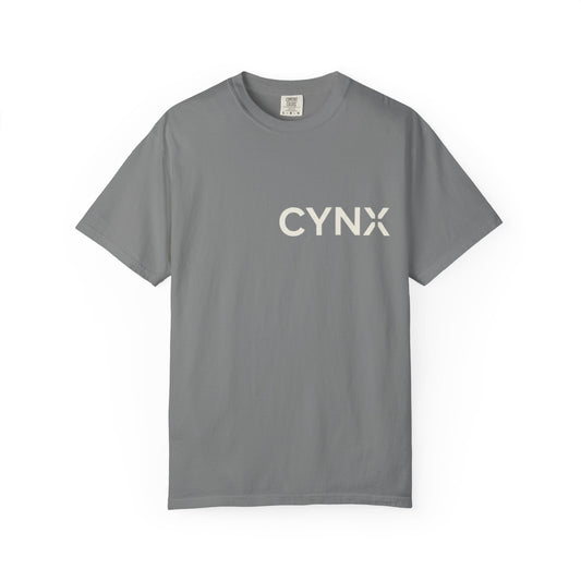 Peace Dove T‑Shirt — ‘CYNX’ Front Logo, Blue Dove Back with Repeating “Peace” Circle