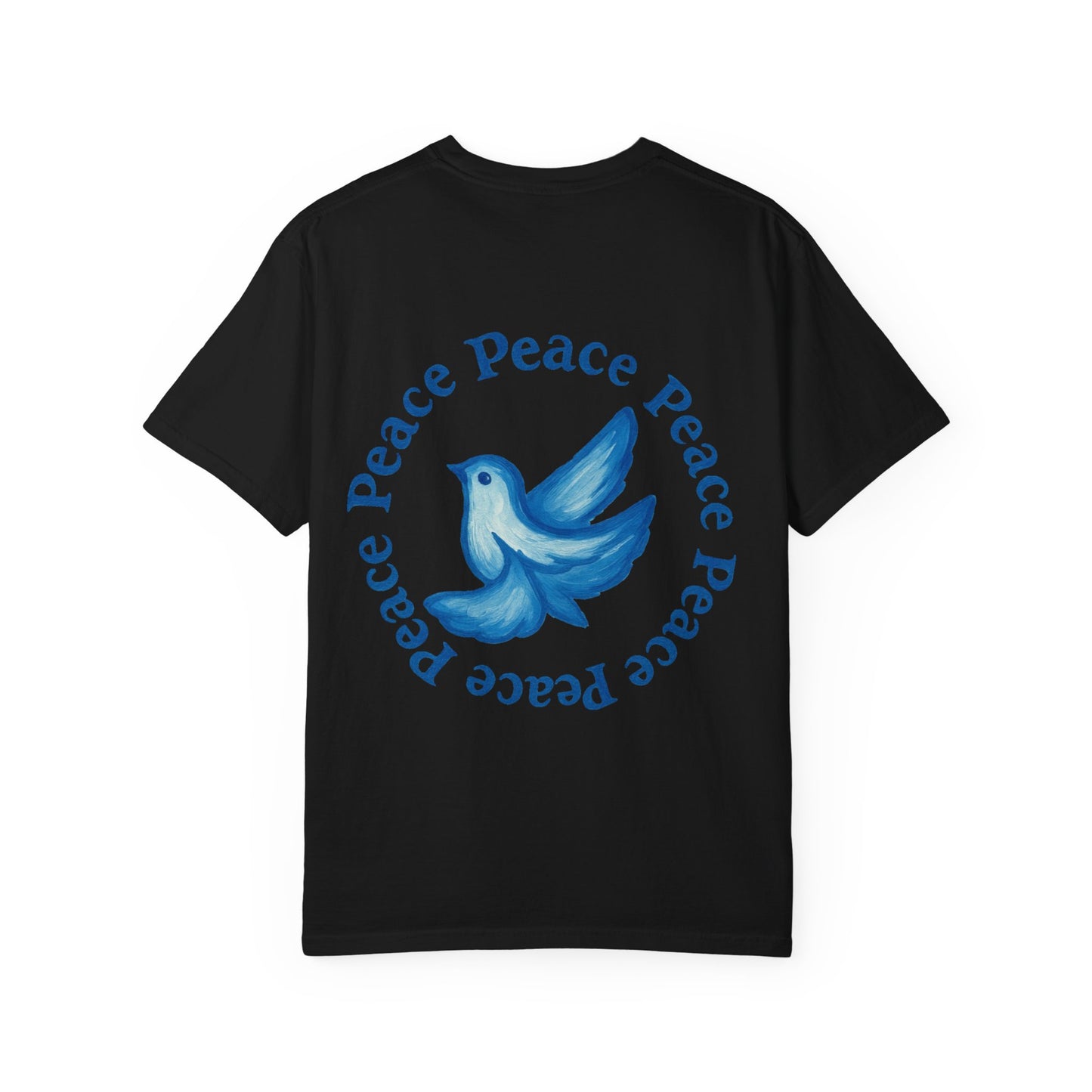 Peace Dove T‑Shirt — ‘CYNX’ Front Logo, Blue Dove Back with Repeating “Peace” Circle