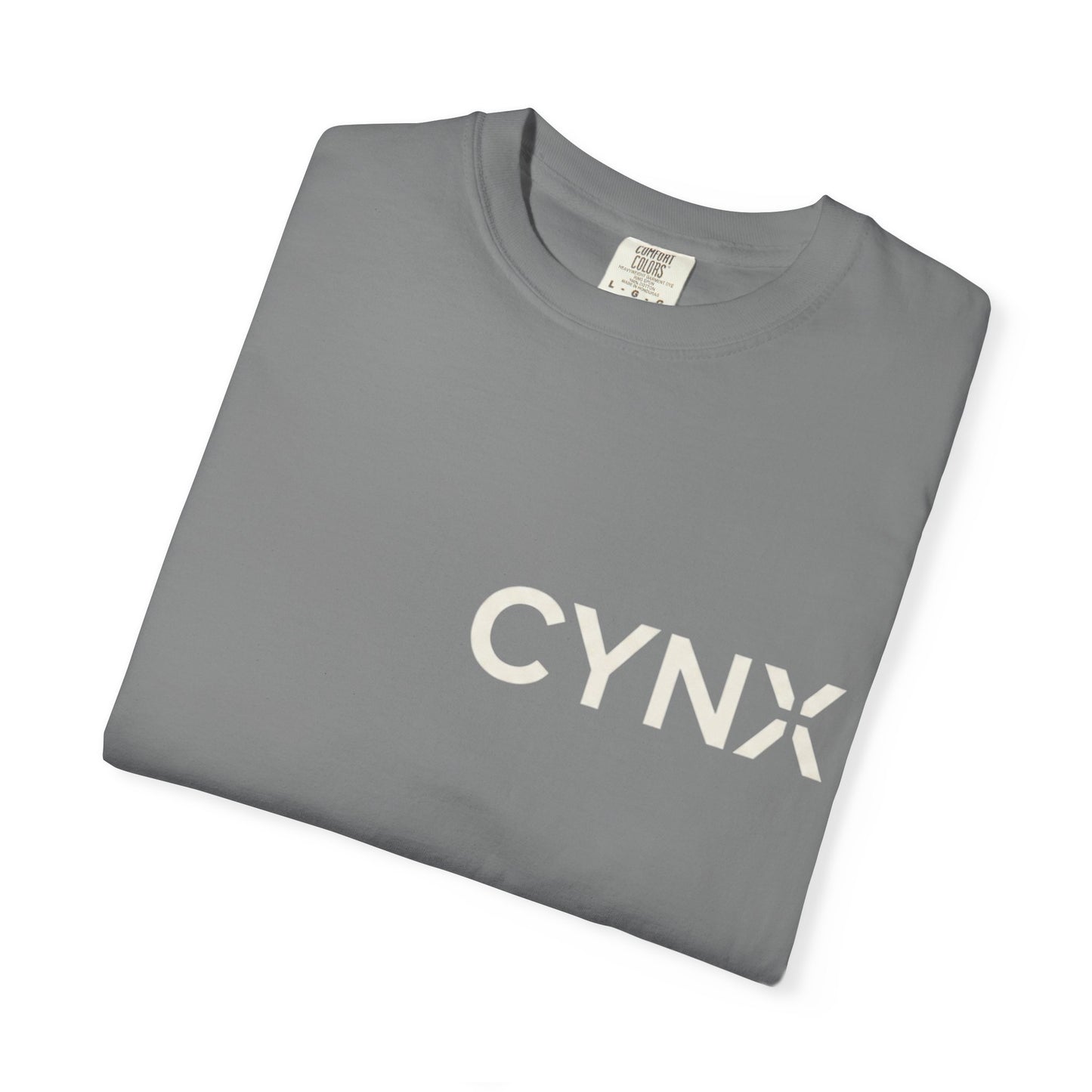 Peace Dove T‑Shirt — ‘CYNX’ Front Logo, Blue Dove Back with Repeating “Peace” Circle