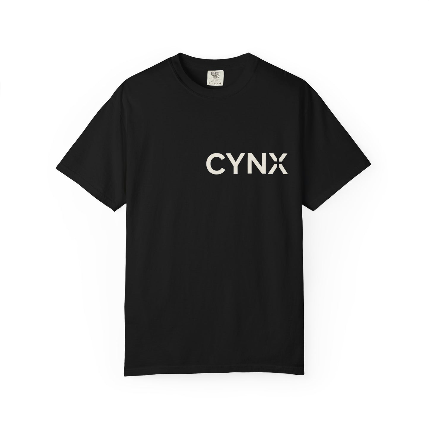 Peace Dove T‑Shirt — ‘CYNX’ Front Logo, Blue Dove Back with Repeating “Peace” Circle