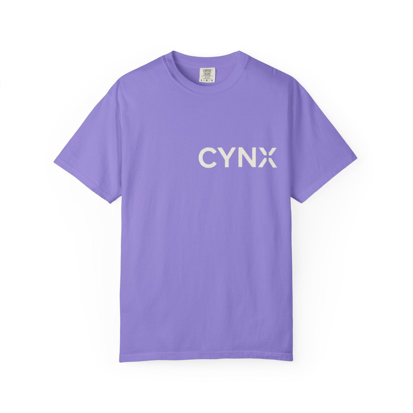 Peace Dove T‑Shirt — ‘CYNX’ Front Logo, Blue Dove Back with Repeating “Peace” Circle
