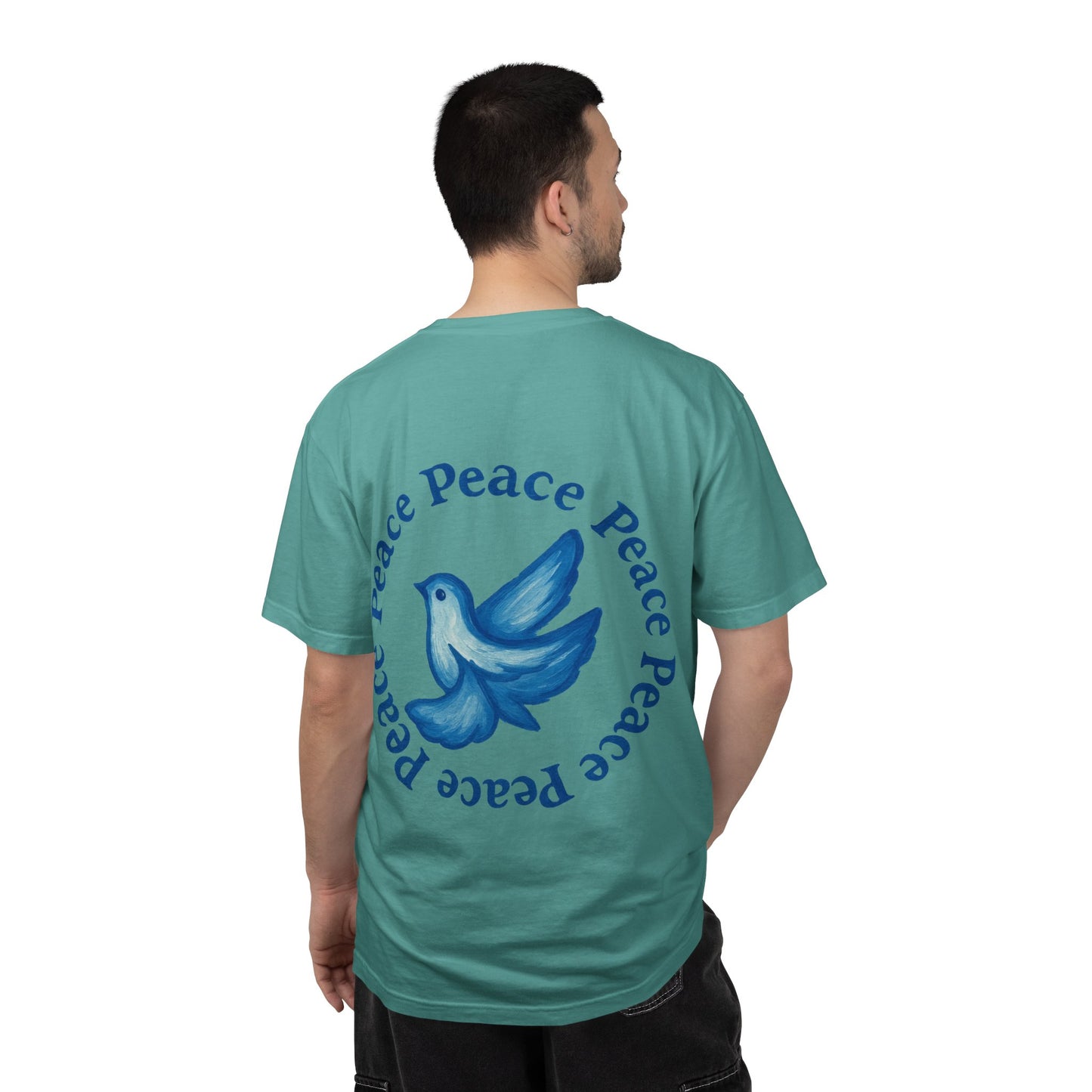 Peace Dove T‑Shirt — ‘CYNX’ Front Logo, Blue Dove Back with Repeating “Peace” Circle