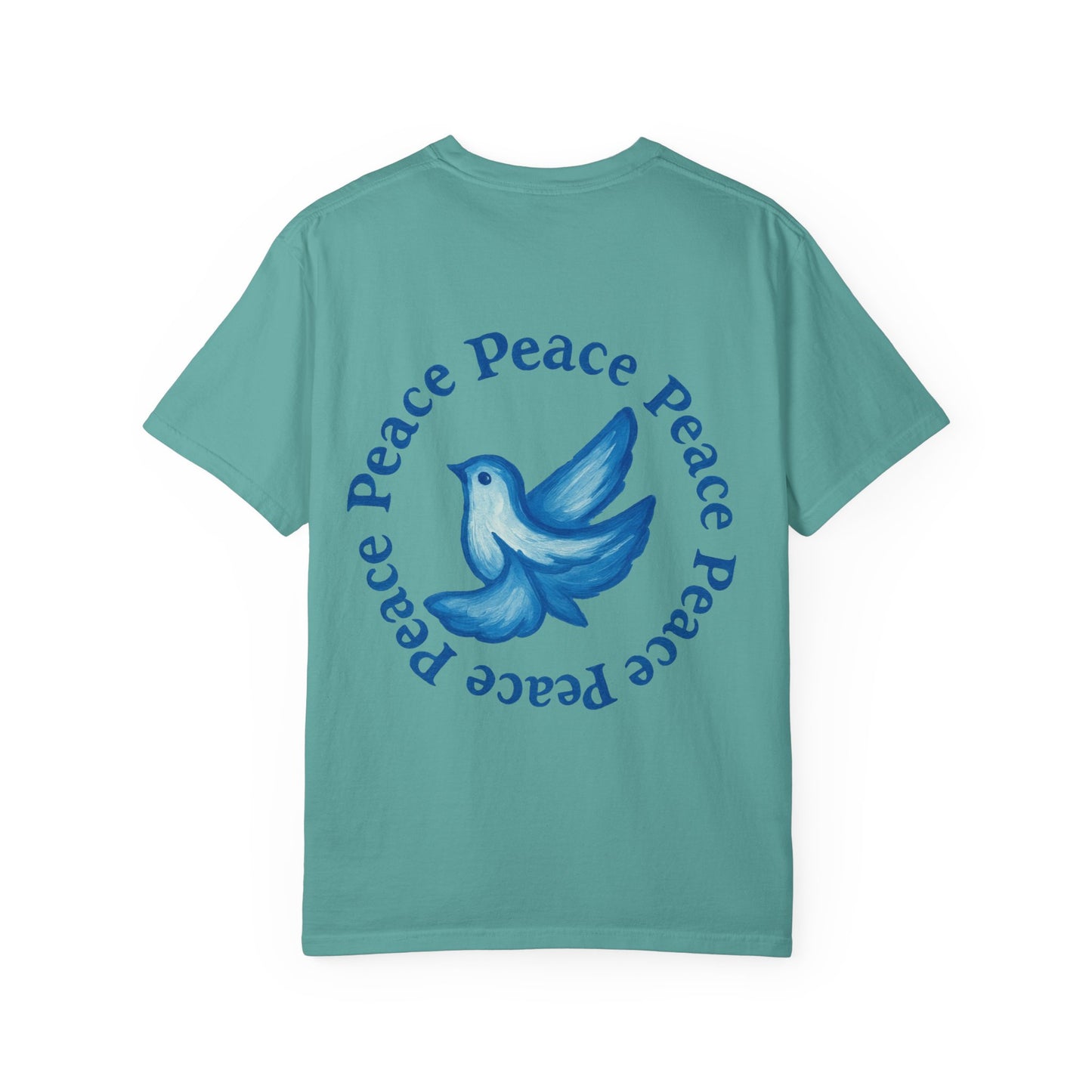 Peace Dove T‑Shirt — ‘CYNX’ Front Logo, Blue Dove Back with Repeating “Peace” Circle