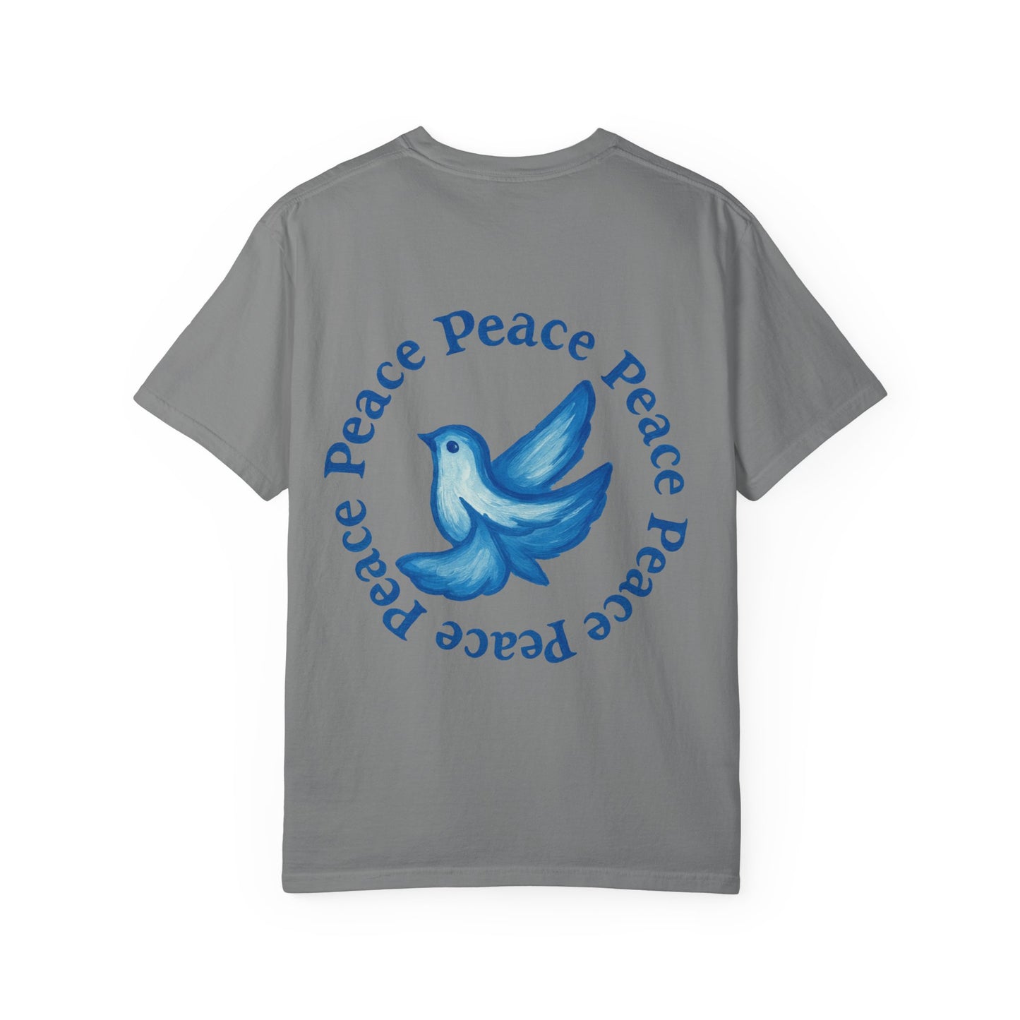 Peace Dove T‑Shirt — ‘CYNX’ Front Logo, Blue Dove Back with Repeating “Peace” Circle