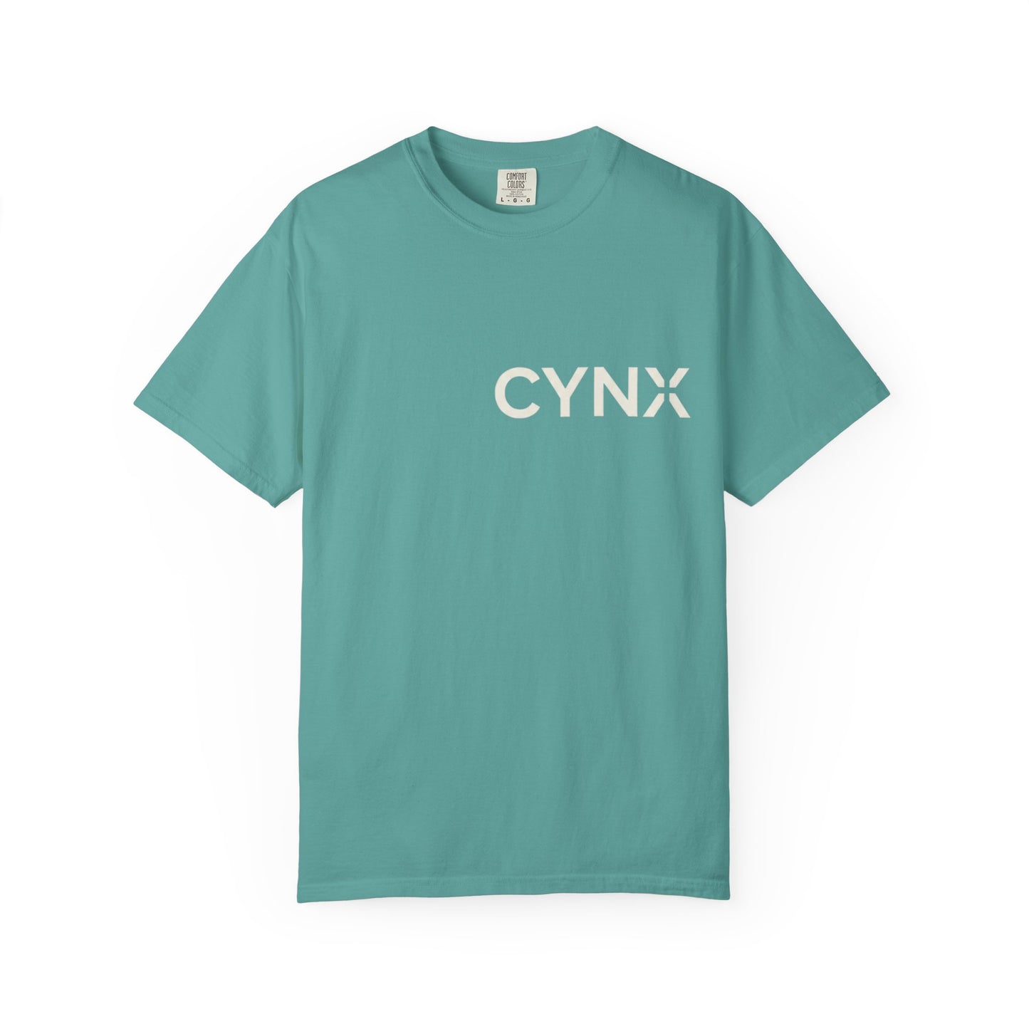 Peace Dove T‑Shirt — ‘CYNX’ Front Logo, Blue Dove Back with Repeating “Peace” Circle