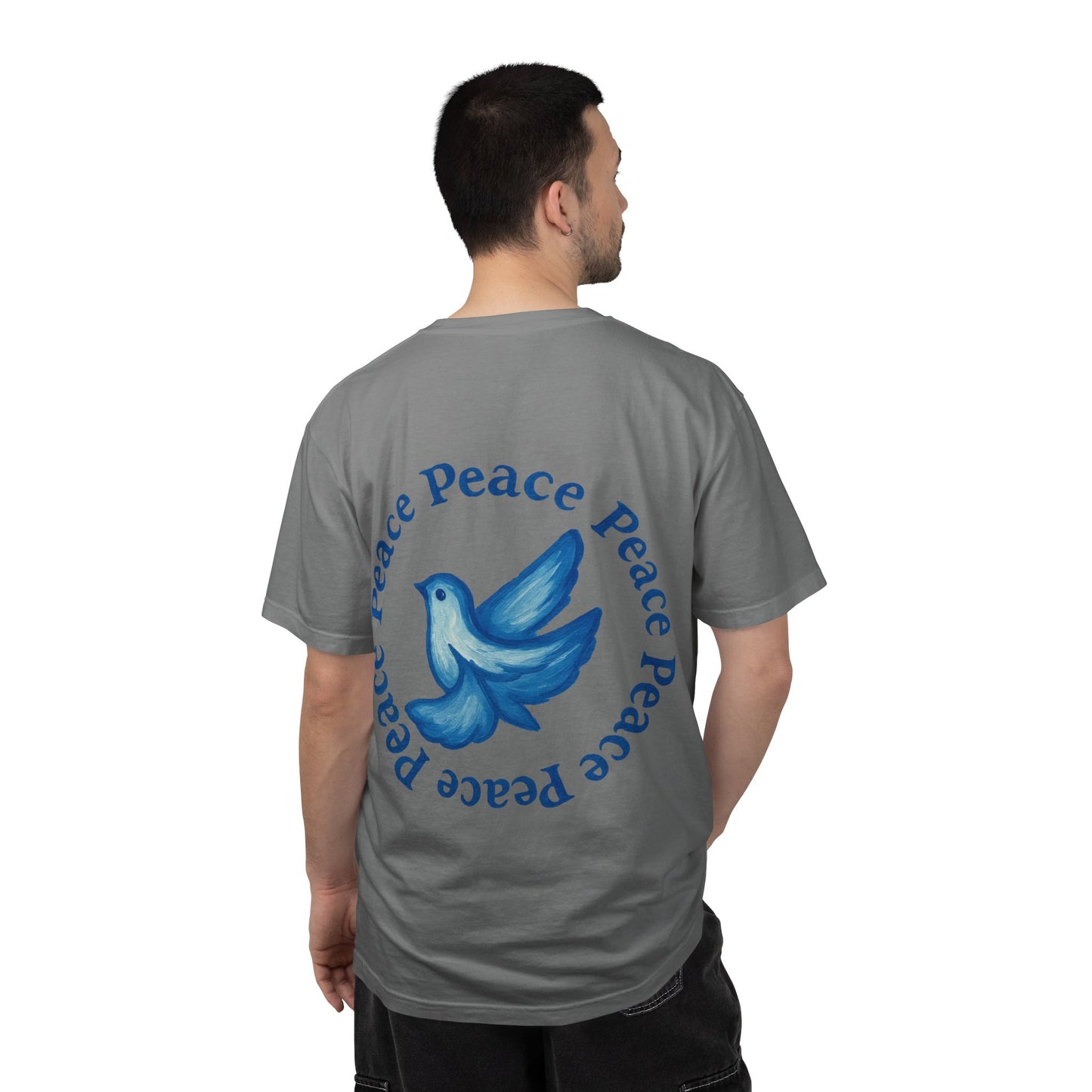 Peace Dove T‑Shirt — ‘CYNX’ Front Logo, Blue Dove Back with Repeating “Peace” Circle