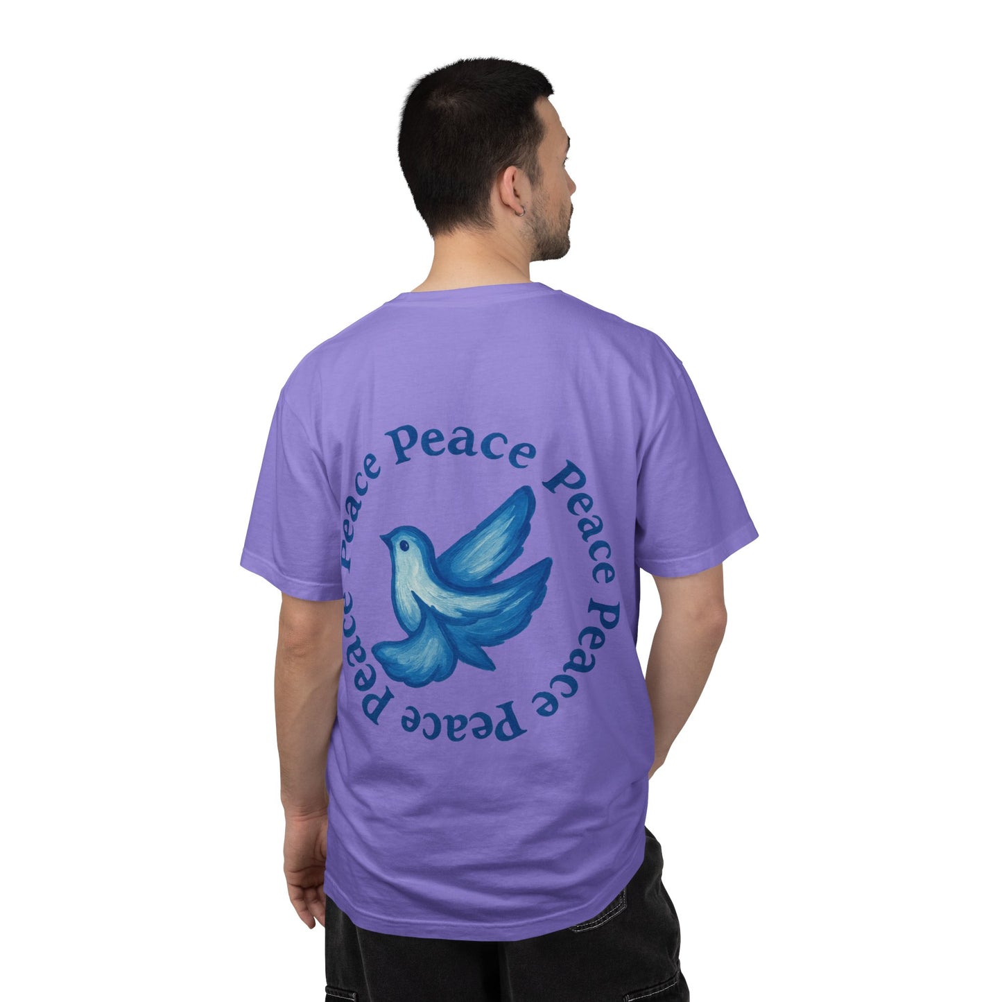 Peace Dove T‑Shirt — ‘CYNX’ Front Logo, Blue Dove Back with Repeating “Peace” Circle