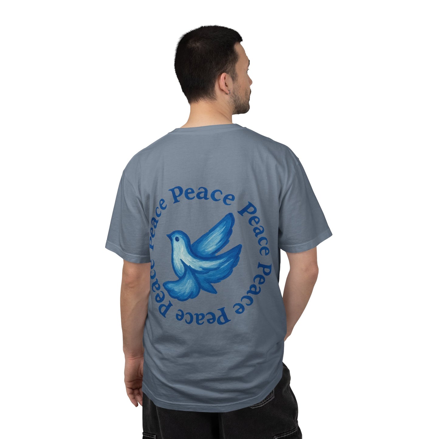 Peace Dove T‑Shirt — ‘CYNX’ Front Logo, Blue Dove Back with Repeating “Peace” Circle